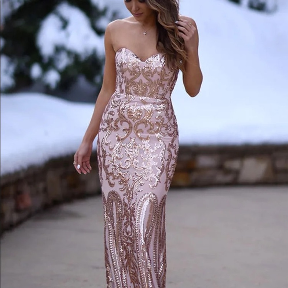 Lulu’s Rebecca Rose Gold Strapless Sequin Maxi Dress